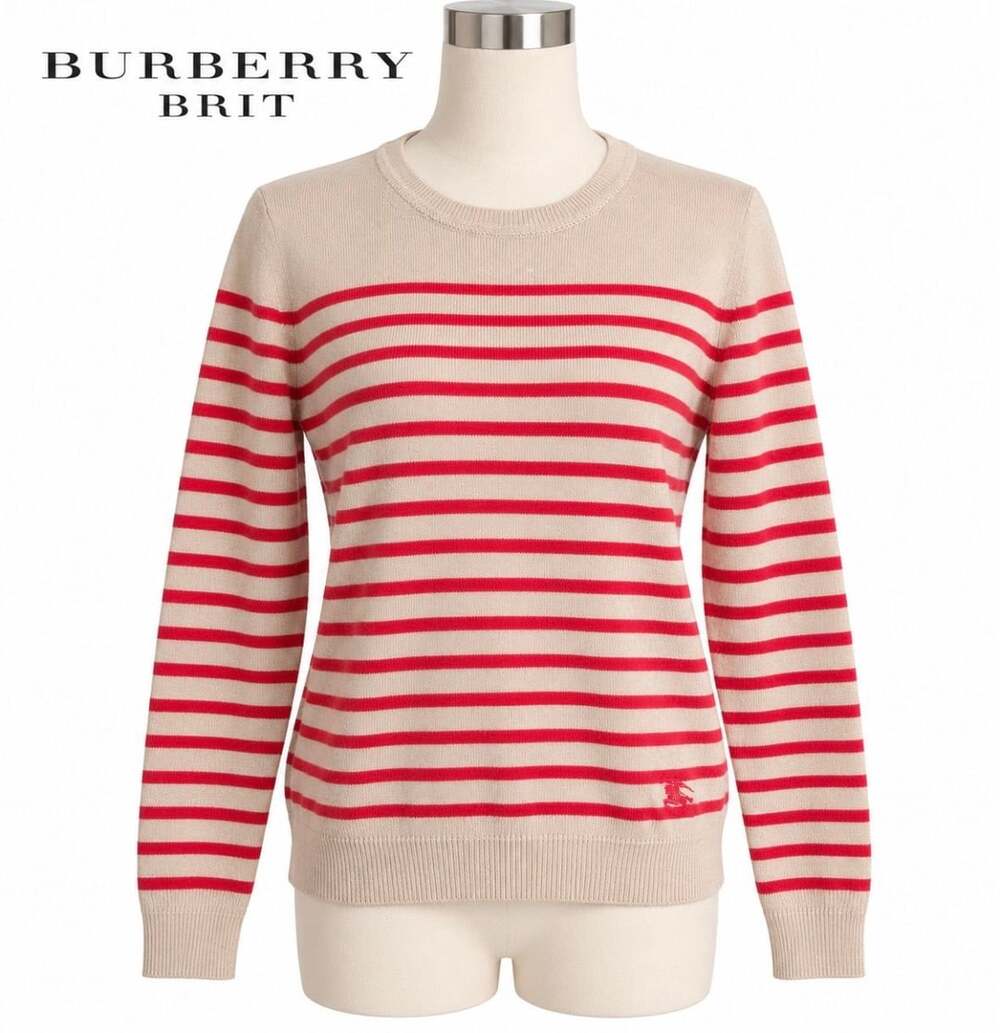 Burberry Brit 100% Cashmere Striped Sweater Red Beige Equestrian Logo M